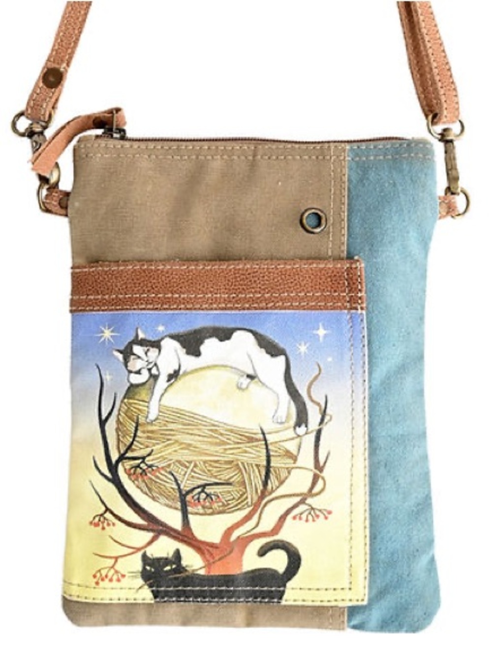 NWOT! Clea Ray “Cats Over The Moon” Recycled Military Canvas Crossbody Bag